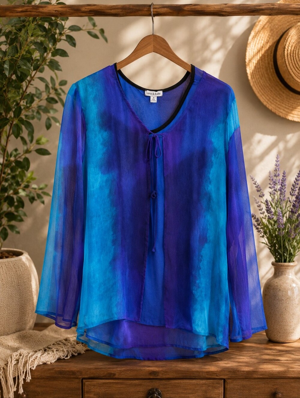 Sheer Tie-Front Tunic in Blue and Teal